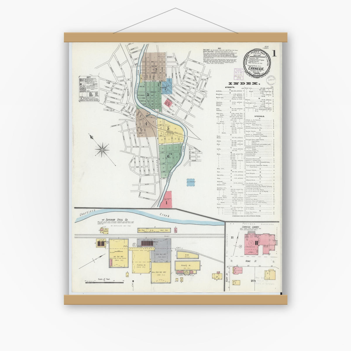Old map wall art mockup — magnetic wood frame on white wall — Sanborn Fire Insurance Map from Carnegie, Allegheny County, Pennsylvania (1901) - Complete Map Set