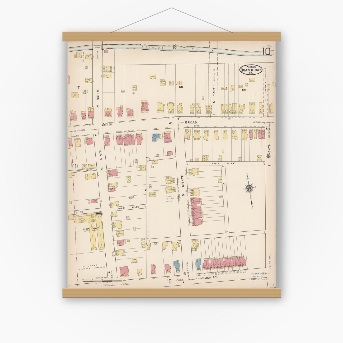 Old map wall art mockup — magnetic wood frame on white wall — Sanborn Fire Insurance Map from Quakertown, Bucks County, Pennsylvania (1922), Sheet #0010