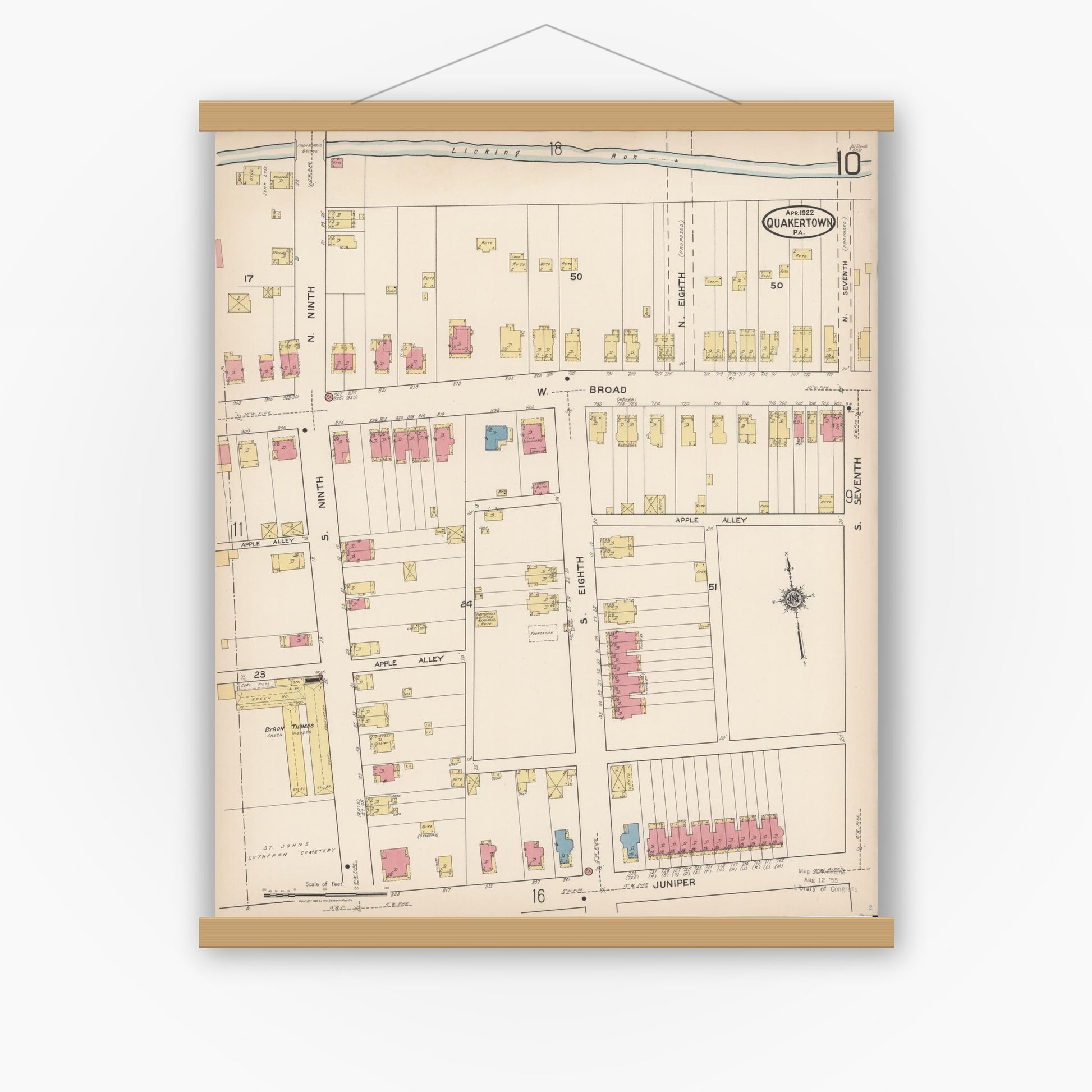 Old map wall art mockup — magnetic wood frame on white wall — Sanborn Fire Insurance Map from Quakertown, Bucks County, Pennsylvania (1922), Sheet #0010