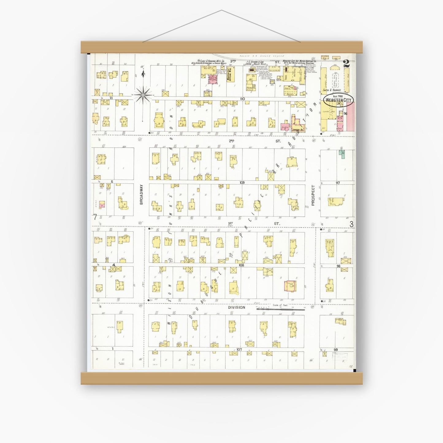 Old map wall art mockup — magnetic wood frame on white wall — Sanborn Fire Insurance Map from Webster City, Hamilton County, Iowa (1900), Sheet #0002