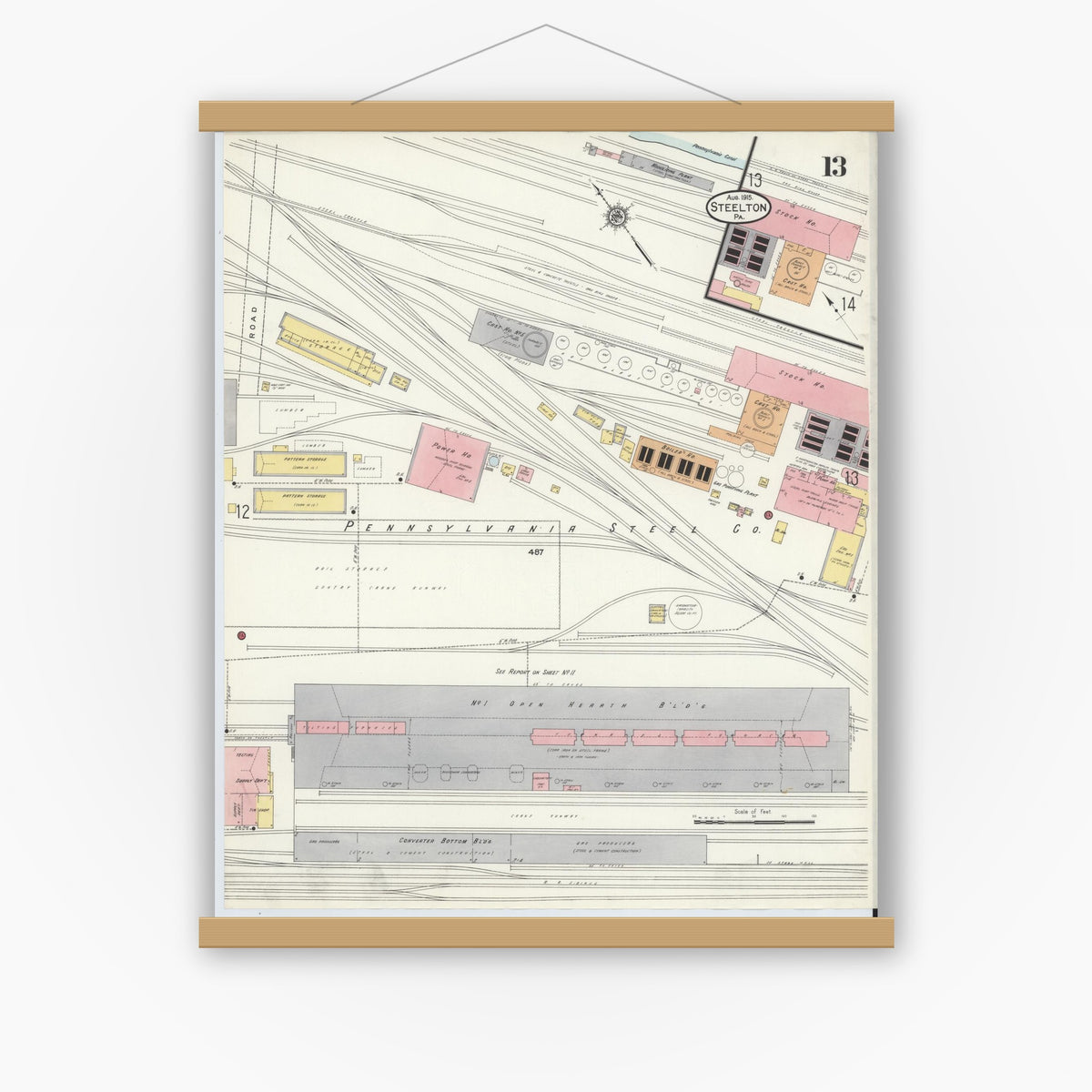 Old map wall art mockup — magnetic wood frame on white wall — Sanborn Fire Insurance Map from Steelton, Dauphin County, Pennsylvania (1915), Sheet #0013