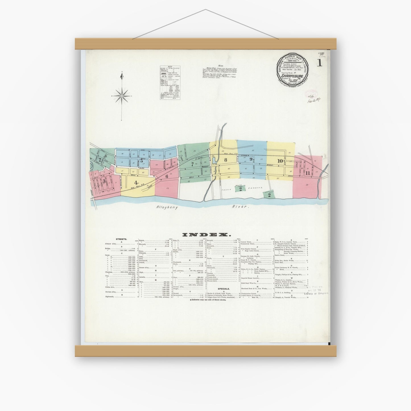 Old map wall art mockup — magnetic wood frame on white wall — Sanborn Fire Insurance Map from Sharpsburg, Allegheny County, Pennsylvania (1896), Sheet #0001