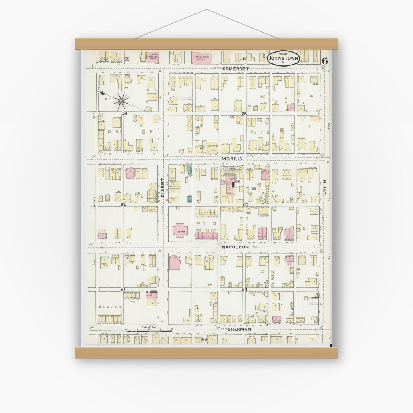 Old map wall art mockup — magnetic wood frame on white wall — Sanborn Fire Insurance Map from Johnstown, Cambria County, Pennsylvania (1891), Sheet #0006
