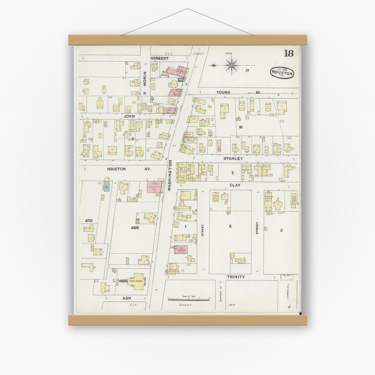Old map wall art mockup — magnetic wood frame on white wall — Sanborn Fire Insurance Map from Houston, Harris County, Texas (1890), Sheet #0018