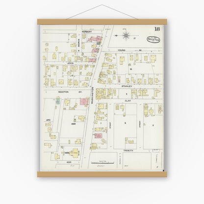 Old map wall art mockup — magnetic wood frame on white wall — Sanborn Fire Insurance Map from Houston, Harris County, Texas (1890), Sheet #0018