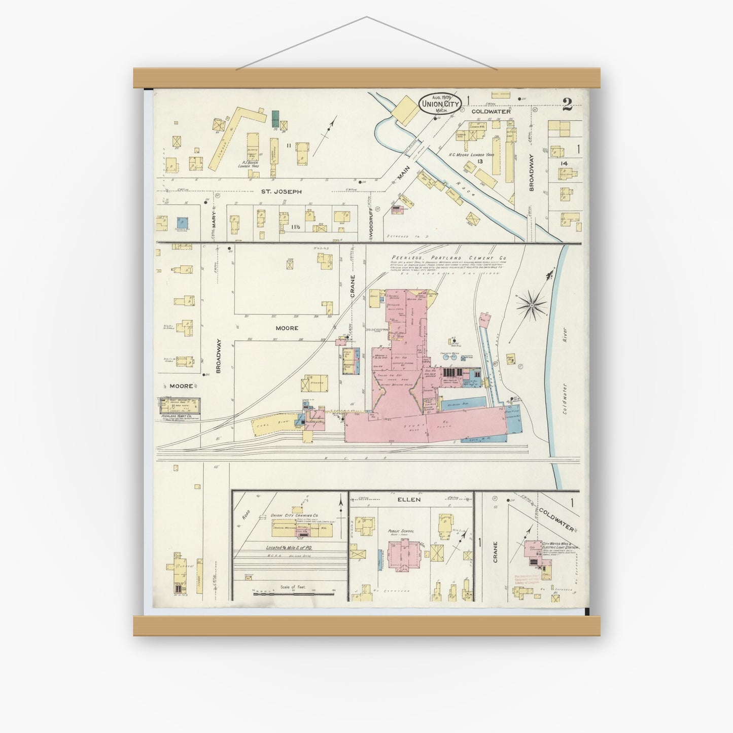 Old map wall art mockup — magnetic wood frame on white wall — Sanborn Fire Insurance Map from Union City, Branch And Calhoun Counties, Michigan (1909), Sheet #0002