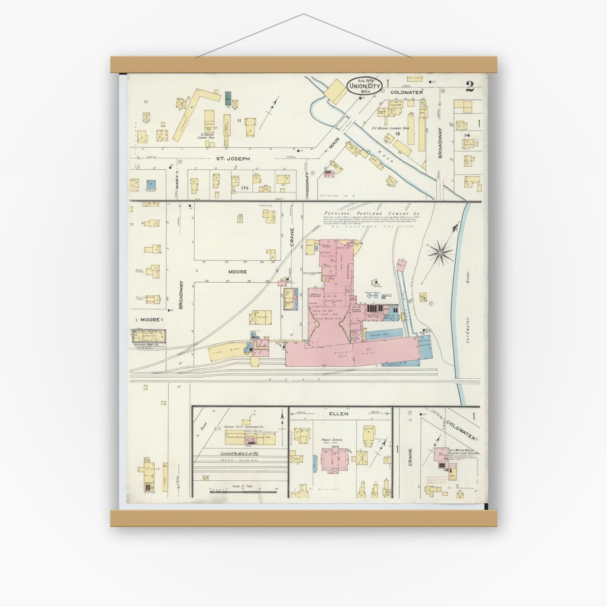 Old map wall art mockup — magnetic wood frame on white wall — Sanborn Fire Insurance Map from Union City, Branch And Calhoun Counties, Michigan (1909), Sheet #0002