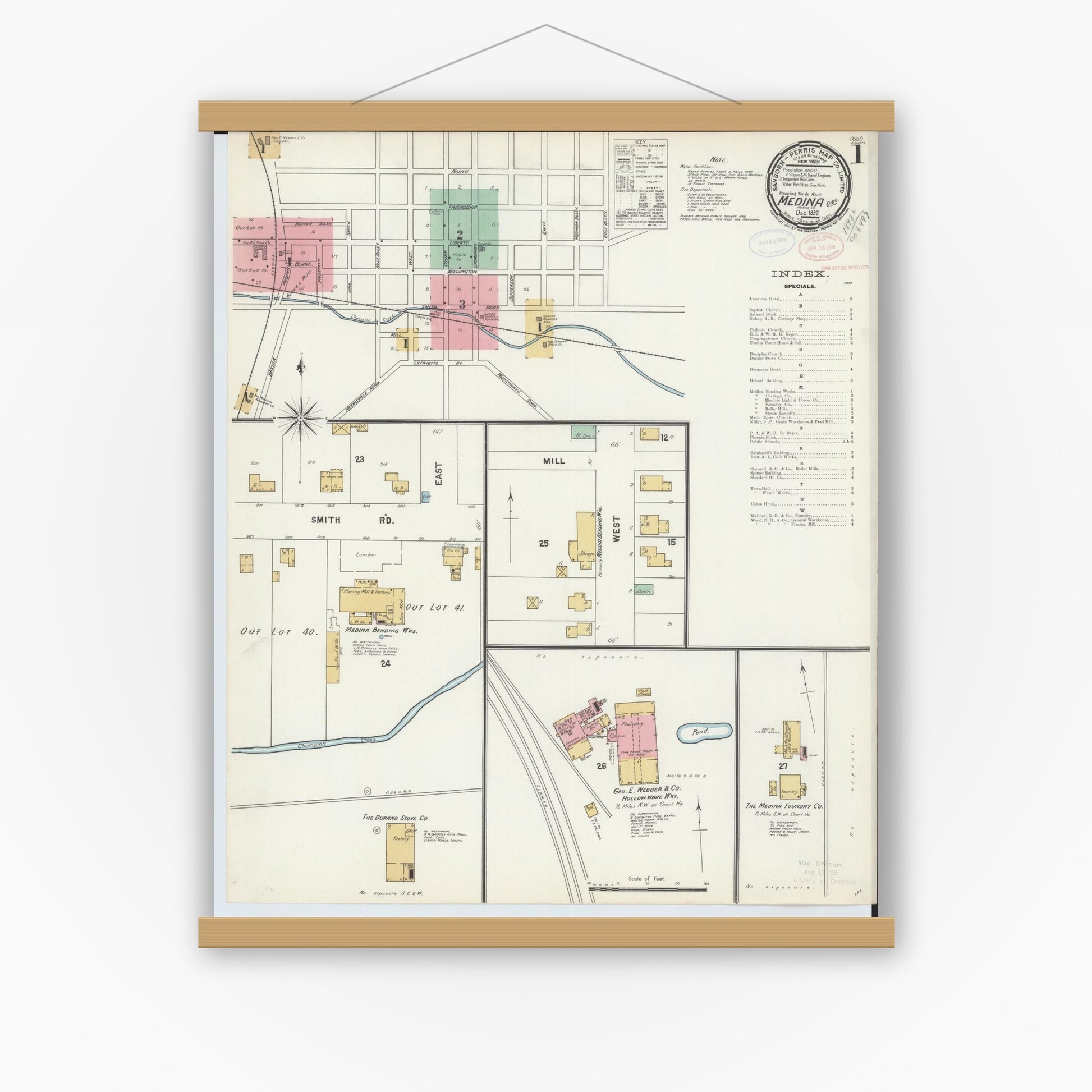 Old map wall art mockup — magnetic wood frame on white wall — Sanborn Fire Insurance Map from Medina, Medina County, Ohio (1897), Sheet #0001