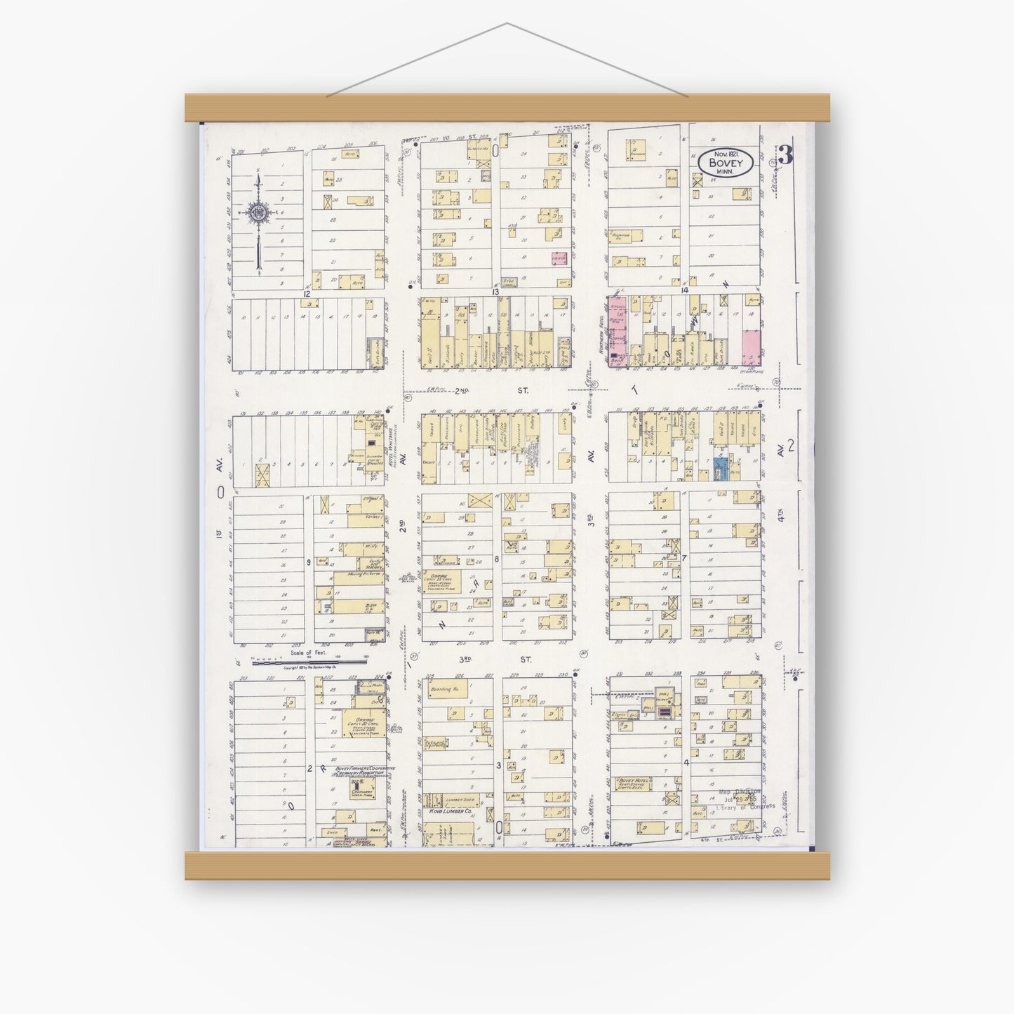 Old map wall art mockup — magnetic wood frame on white wall — Sanborn Fire Insurance Map from Bovey, Itasca County, Minnesota (1921), Sheet #0003