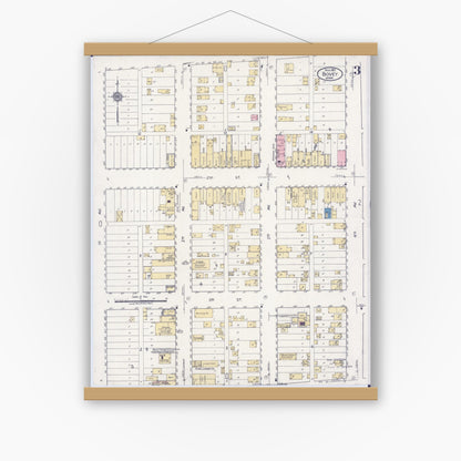Old map wall art mockup — magnetic wood frame on white wall — Sanborn Fire Insurance Map from Bovey, Itasca County, Minnesota (1921), Sheet #0003