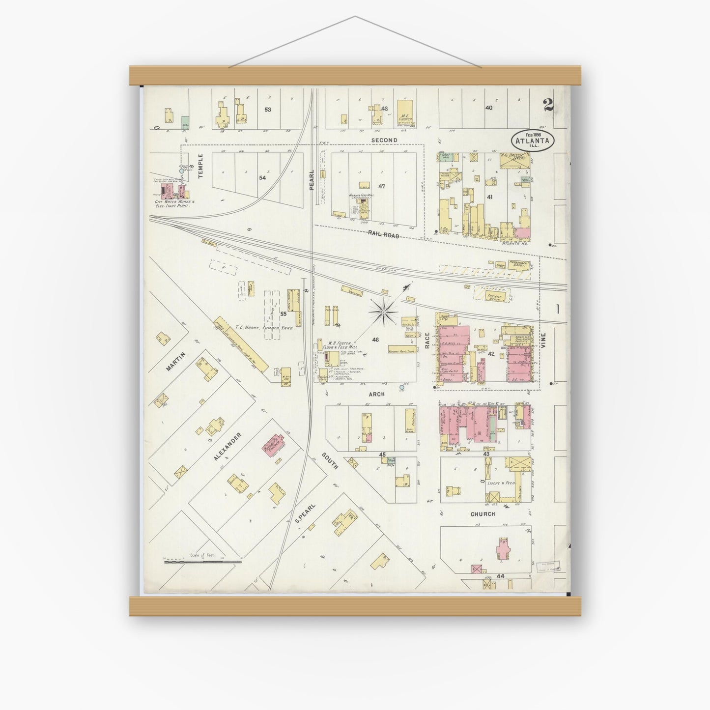 Old map wall art mockup — magnetic wood frame on white wall — Sanborn Fire Insurance Map from Atlanta, Logan County, Illinois (1898), Sheet #0002