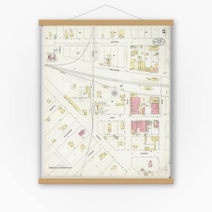 Old map wall art mockup — magnetic wood frame on white wall — Sanborn Fire Insurance Map from Atlanta, Logan County, Illinois (1898), Sheet #0002