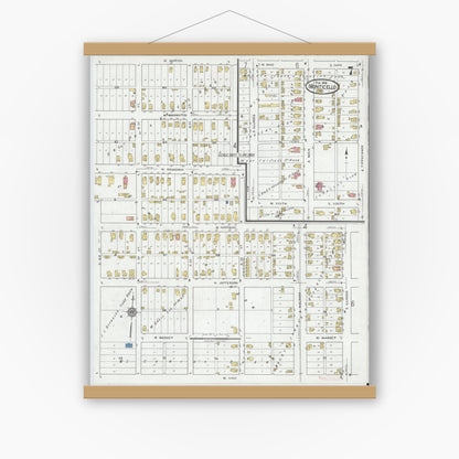 Old map wall art mockup — magnetic wood frame on white wall — Sanborn Fire Insurance Map from Monticello, White County, Indiana (1919), Sheet #0007