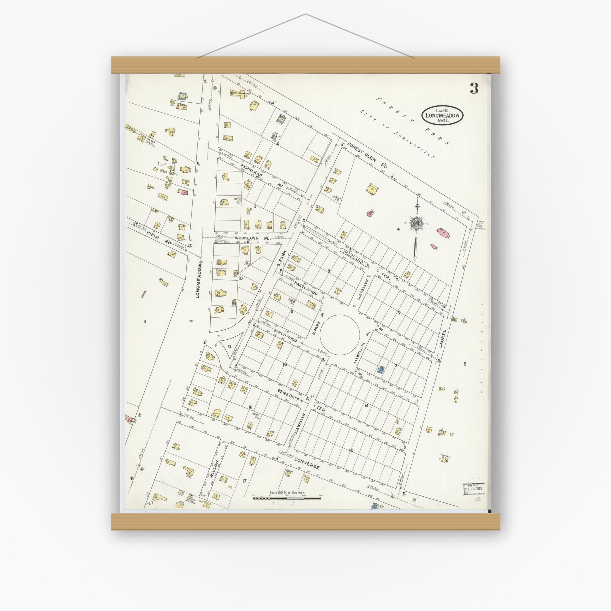 Old map wall art mockup — magnetic wood frame on white wall — Sanborn Fire Insurance Map from Longmeadow, Hampden County, Massachusetts (1911), Sheet #0003