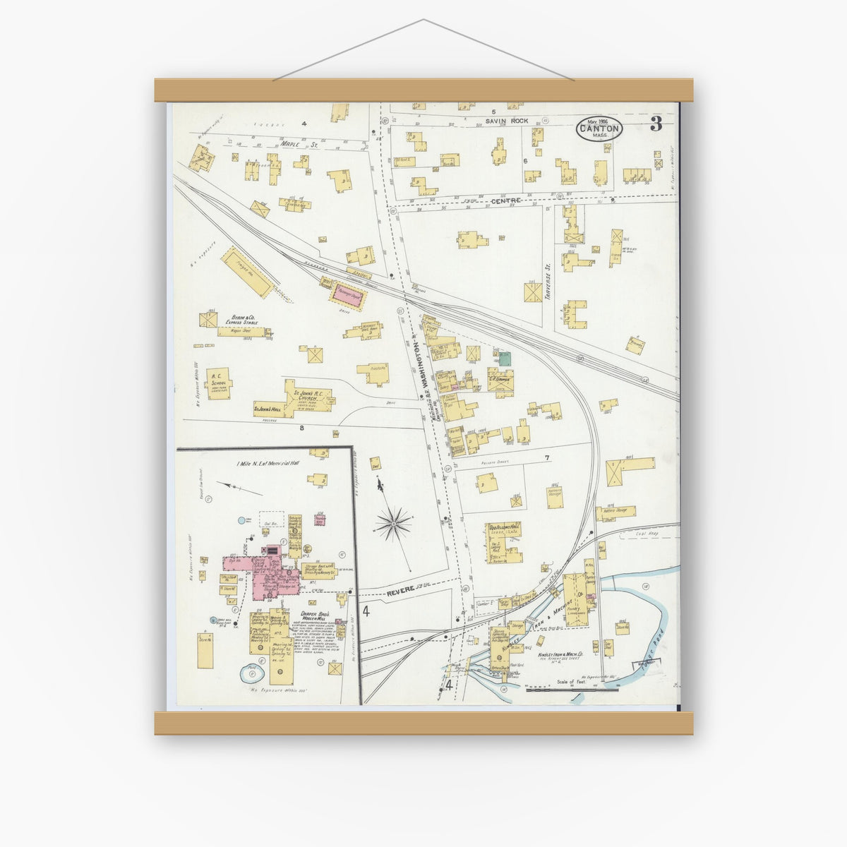 Old map wall art mockup — magnetic wood frame on white wall — Sanborn Fire Insurance Map from Canton, Norfolk County, Massachusetts (1906), Sheet #0003