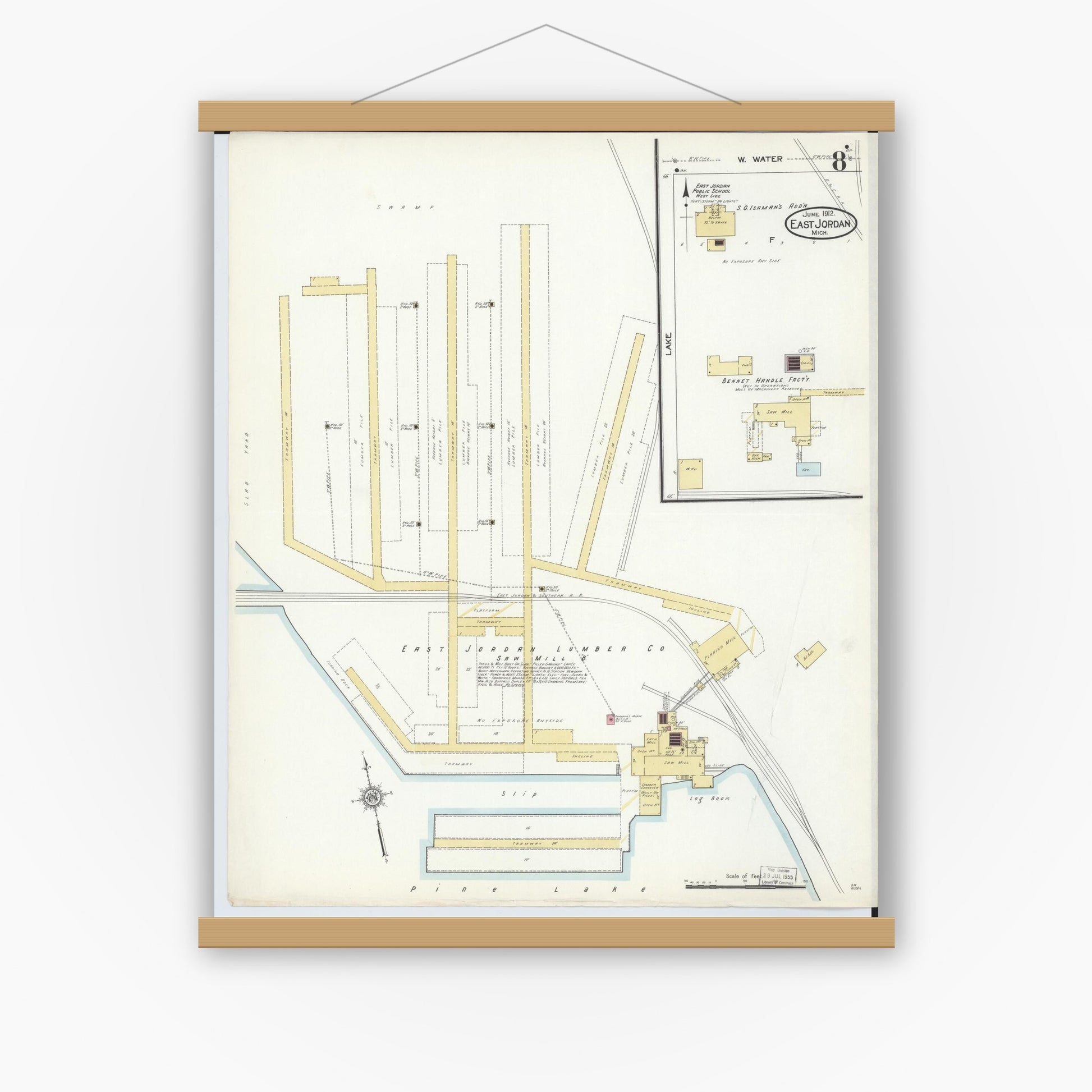 Old map wall art mockup — magnetic wood frame on white wall — Sanborn Fire Insurance Map from East Jordan, Charlevoix County, Michigan (1912), Sheet #0008