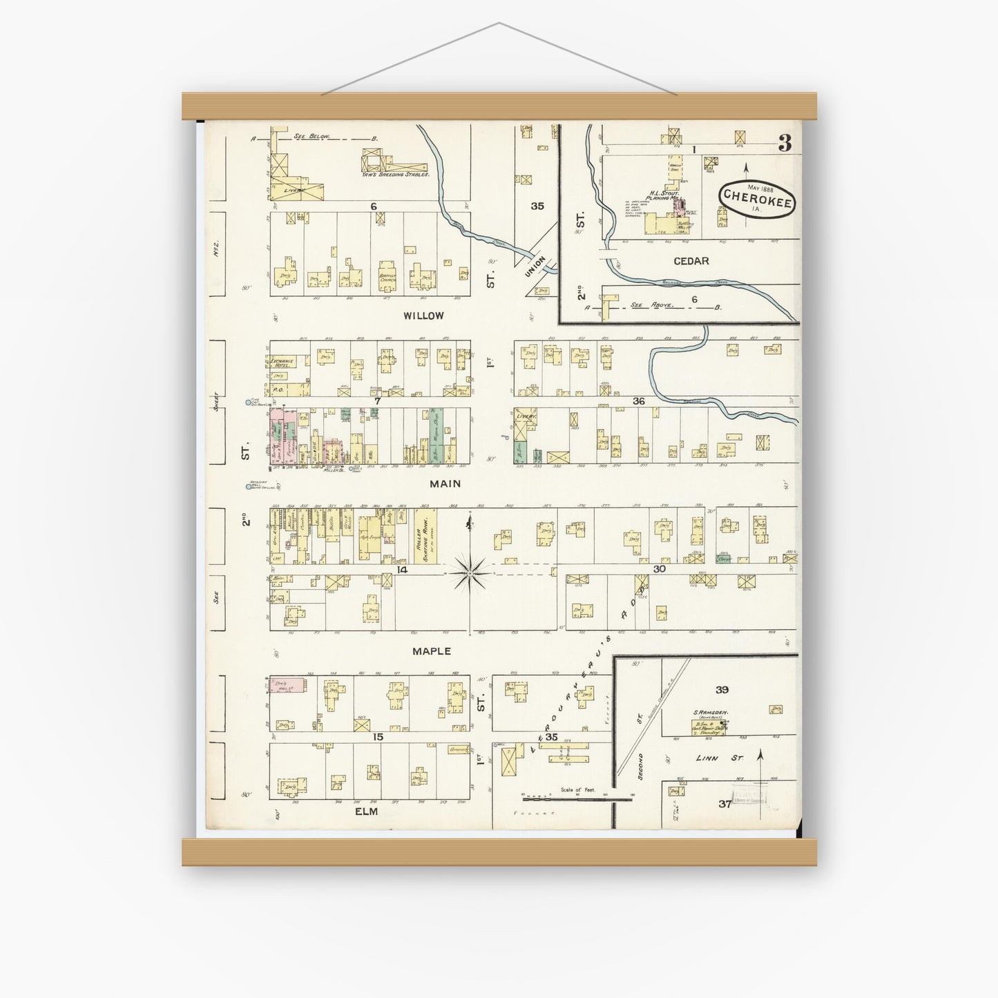 Old map wall art mockup — magnetic wood frame on white wall — Sanborn Fire Insurance Map from Cherokee, Cherokee County, Iowa (1888), Sheet #0003