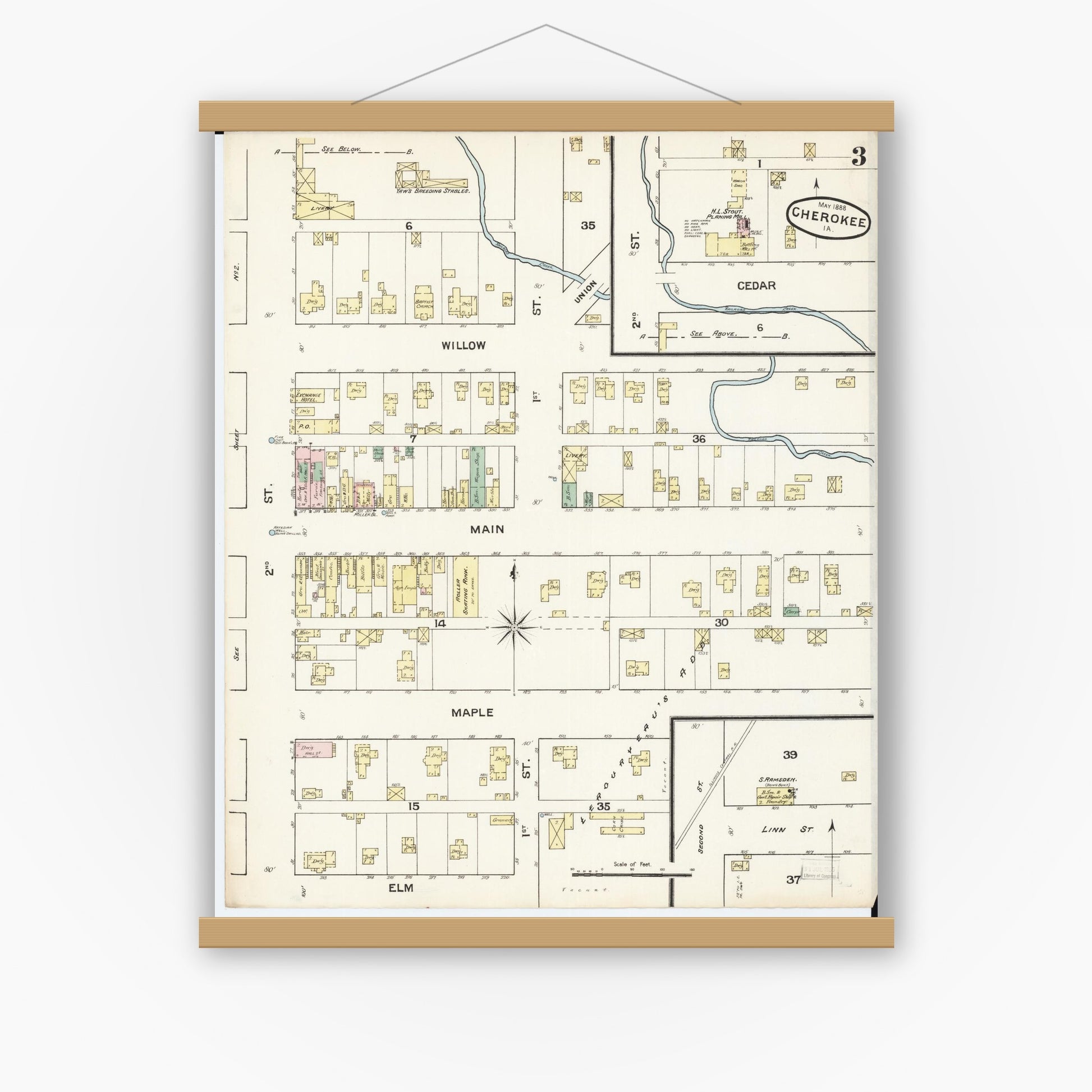 Old map wall art mockup — magnetic wood frame on white wall — Sanborn Fire Insurance Map from Cherokee, Cherokee County, Iowa (1888), Sheet #0003