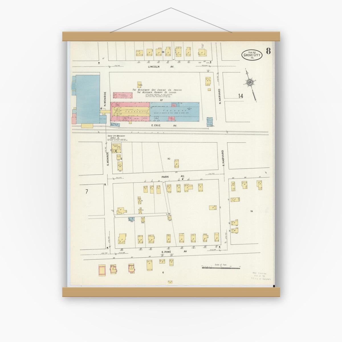 Old map wall art mockup — magnetic wood frame on white wall — Sanborn Fire Insurance Map from Grove City, Mercer County, Pennsylvania (1912), Sheet #0008