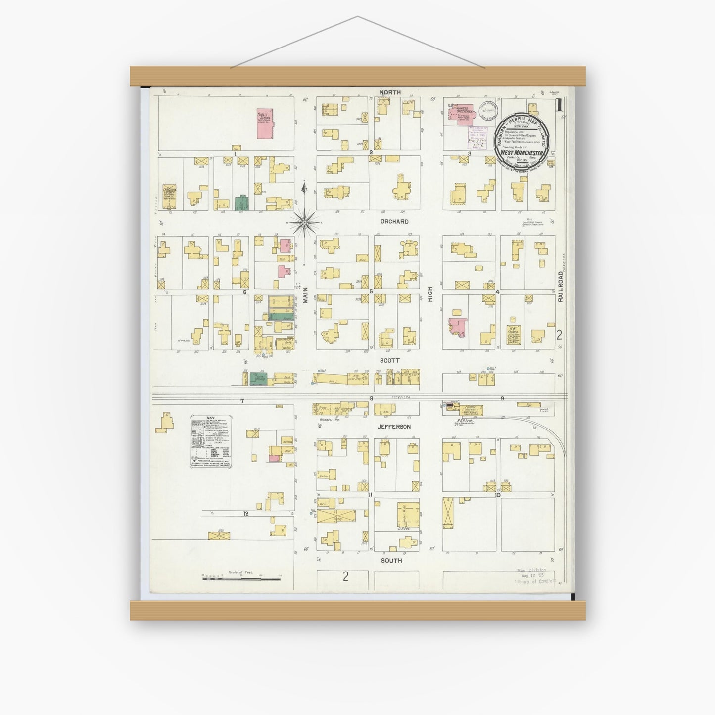 Old map wall art mockup — magnetic wood frame on white wall — Sanborn Fire Insurance Map from West Manchester, Preble County, Ohio (1901) - Complete Map Set