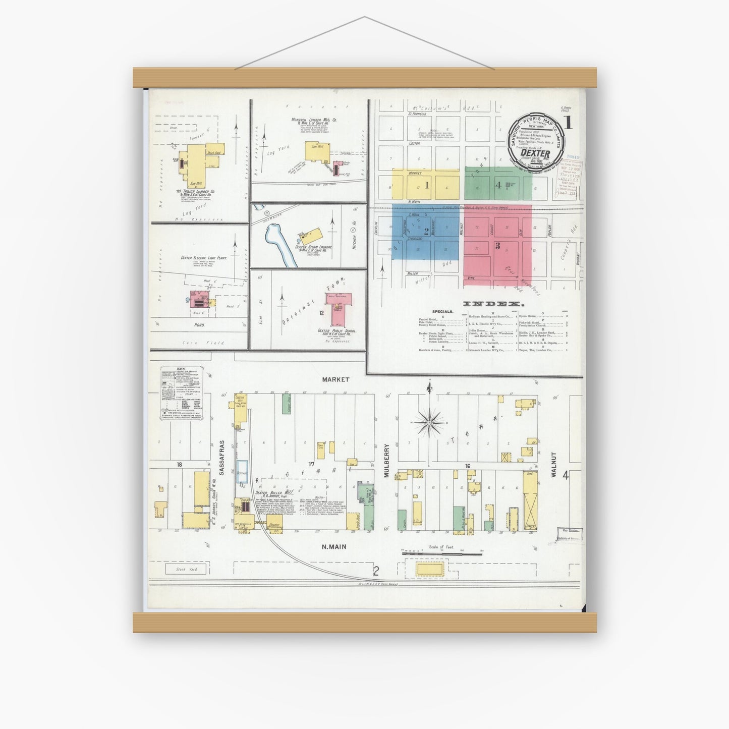 Old map wall art mockup — magnetic wood frame on white wall — Sanborn Fire Insurance Map from Dexter, Stoddard County, Missouri (1900) - Complete Map Set