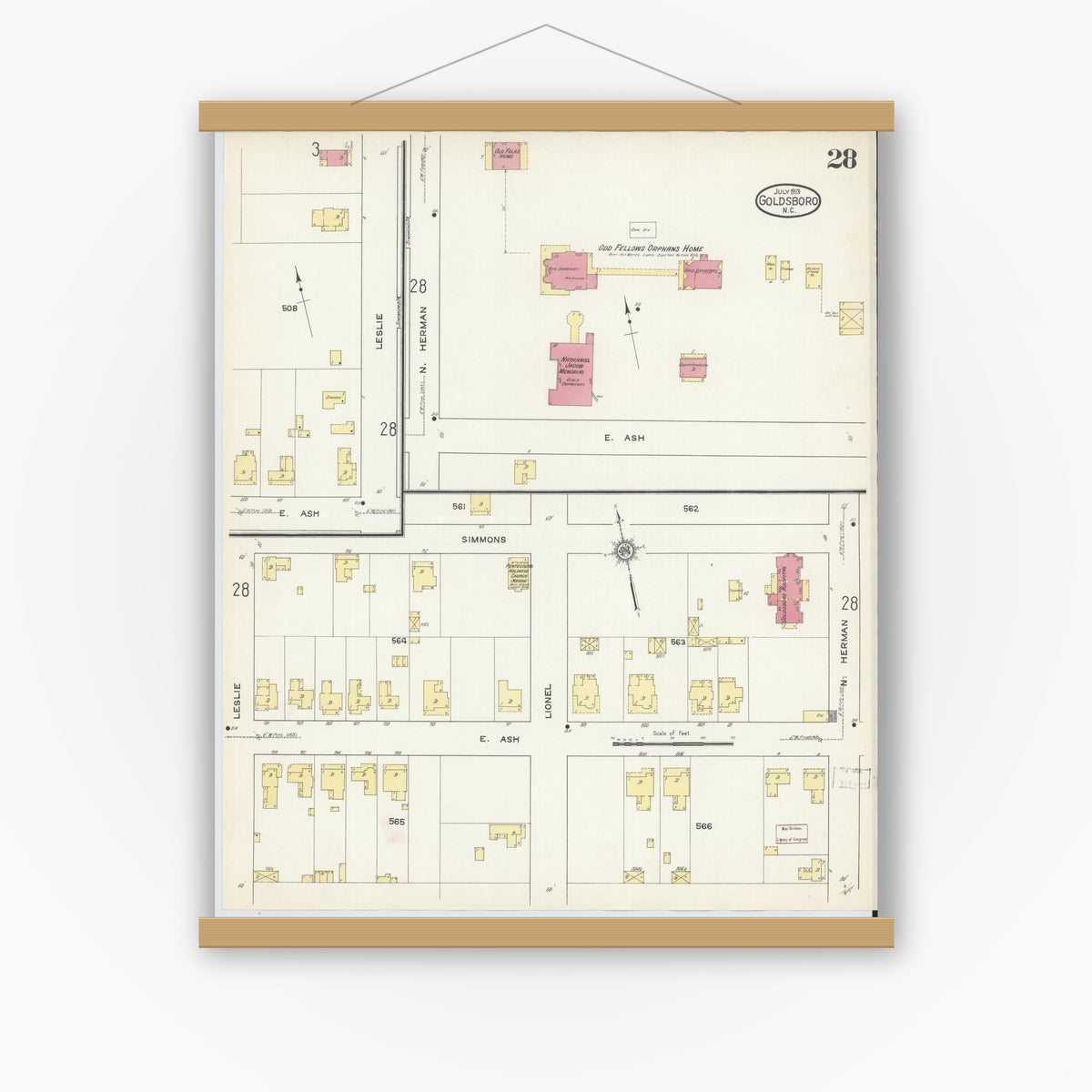 Old map wall art mockup — magnetic wood frame on white wall — Sanborn Fire Insurance Map from Goldsboro, Wayne County, North Carolina (1913), Sheet #0028