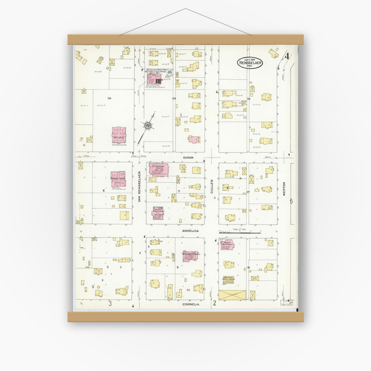 Old map wall art mockup — magnetic wood frame on white wall — Sanborn Fire Insurance Map from Rensselaer, Jasper County, Indiana (1909), Sheet #0004