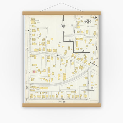 Old map wall art mockup — magnetic wood frame on white wall — Sanborn Fire Insurance Map from Waltham, Middlesex County, Massachusetts (1903), Sheet #0022