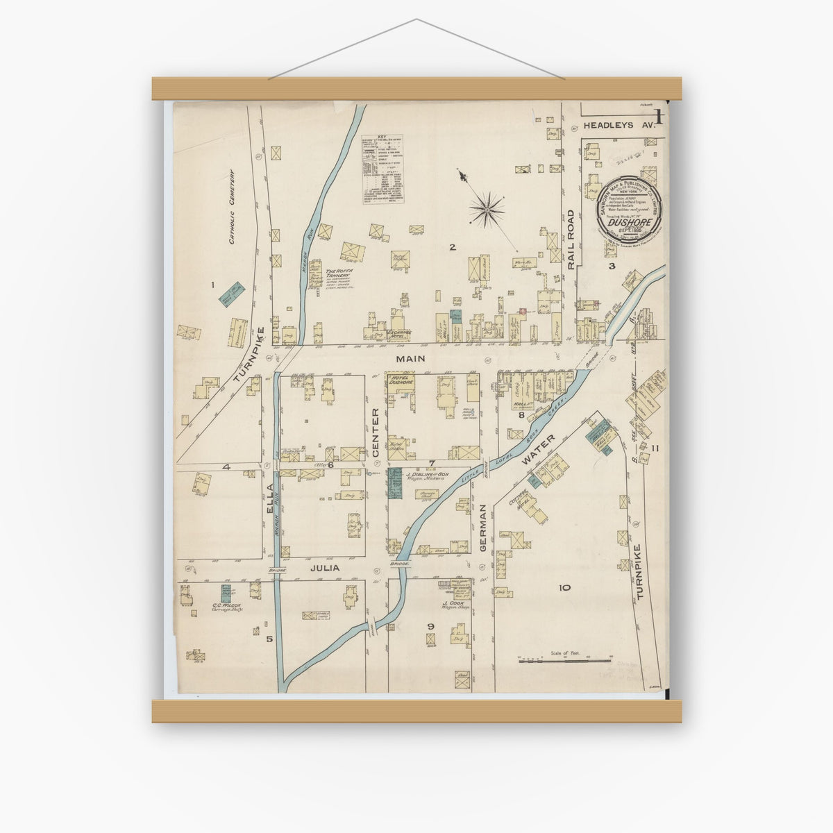 Old map wall art mockup — magnetic wood frame on white wall — Sanborn Fire Insurance Map from Dushore, Sullivan County, Pennsylvania (1885), Sheet #0001