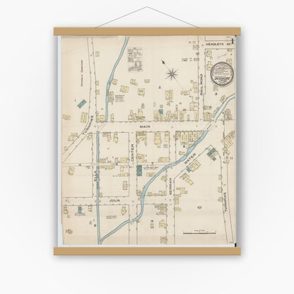 Old map wall art mockup — magnetic wood frame on white wall — Sanborn Fire Insurance Map from Dushore, Sullivan County, Pennsylvania (1885), Sheet #0001
