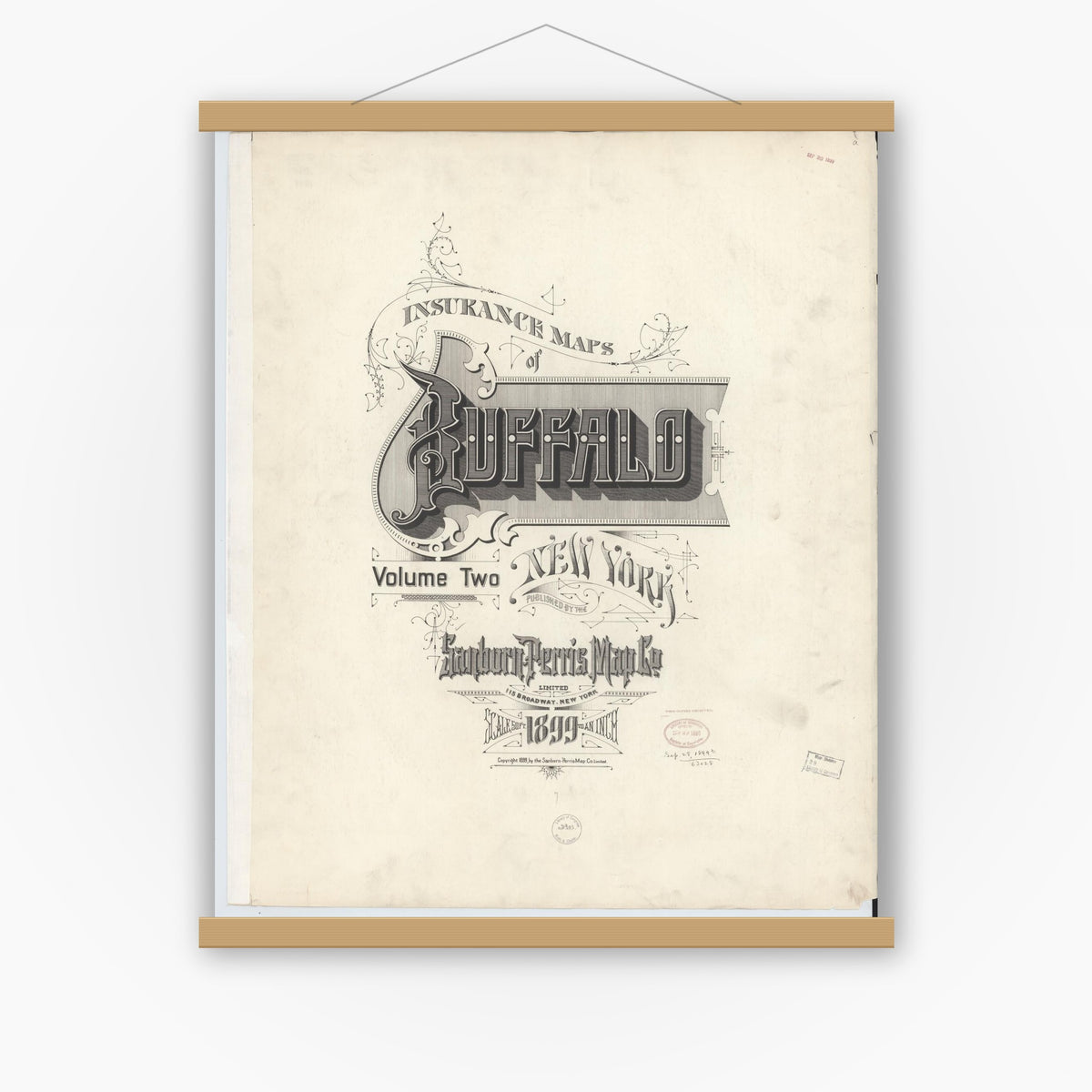Old map wall art mockup — magnetic wood frame on white wall — Sanborn Fire Insurance Map from Buffalo, Erie County, New York (1899), Sheet #0001