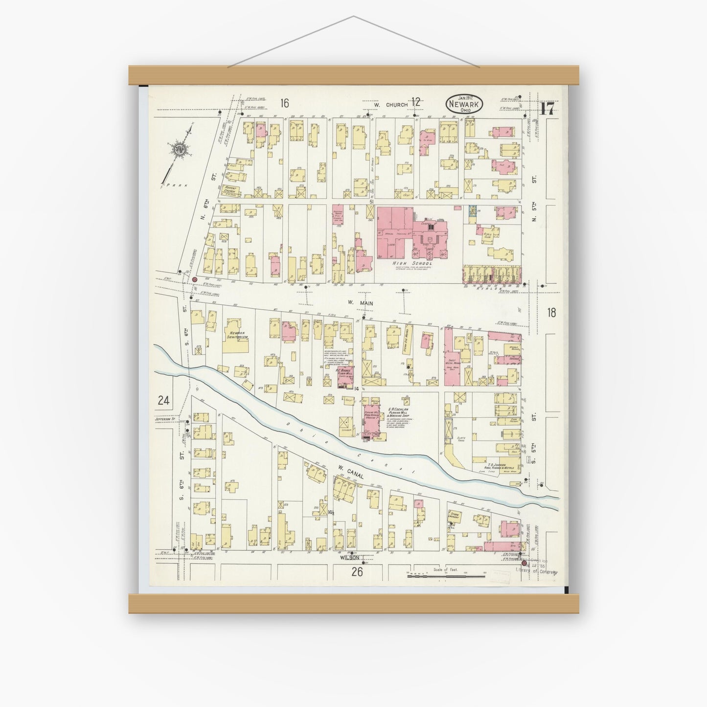 Old map wall art mockup — magnetic wood frame on white wall — Sanborn Fire Insurance Map from Newark, Licking County, Ohio (1912), Sheet #0017