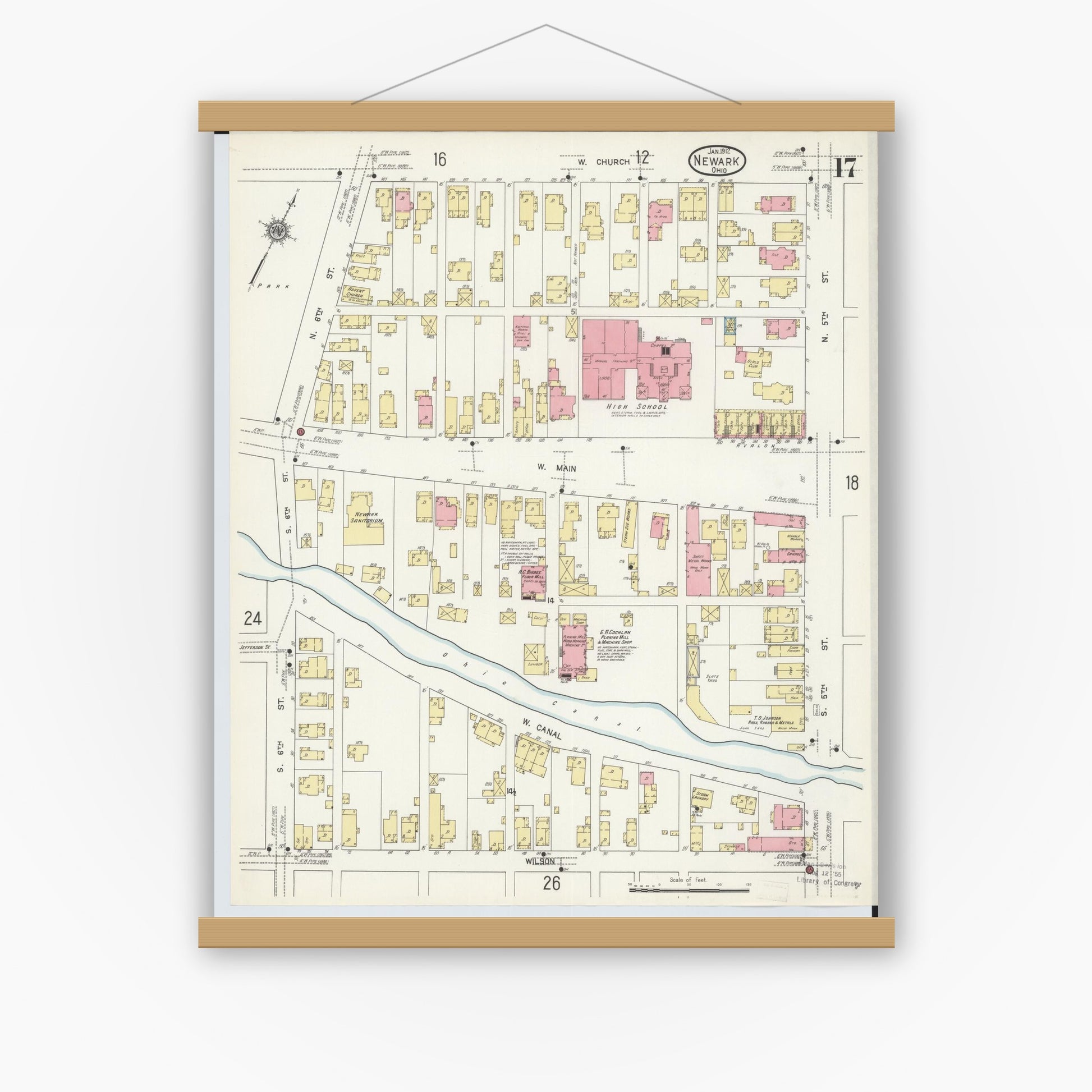 Old map wall art mockup — magnetic wood frame on white wall — Sanborn Fire Insurance Map from Newark, Licking County, Ohio (1912), Sheet #0017