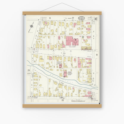 Old map wall art mockup — magnetic wood frame on white wall — Sanborn Fire Insurance Map from Newark, Licking County, Ohio (1912), Sheet #0017