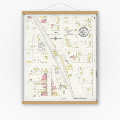 Old map wall art mockup — magnetic wood frame on white wall — Sanborn Fire Insurance Map from Wyanet, Bureau County, Illinois (1911) - Complete Map Set