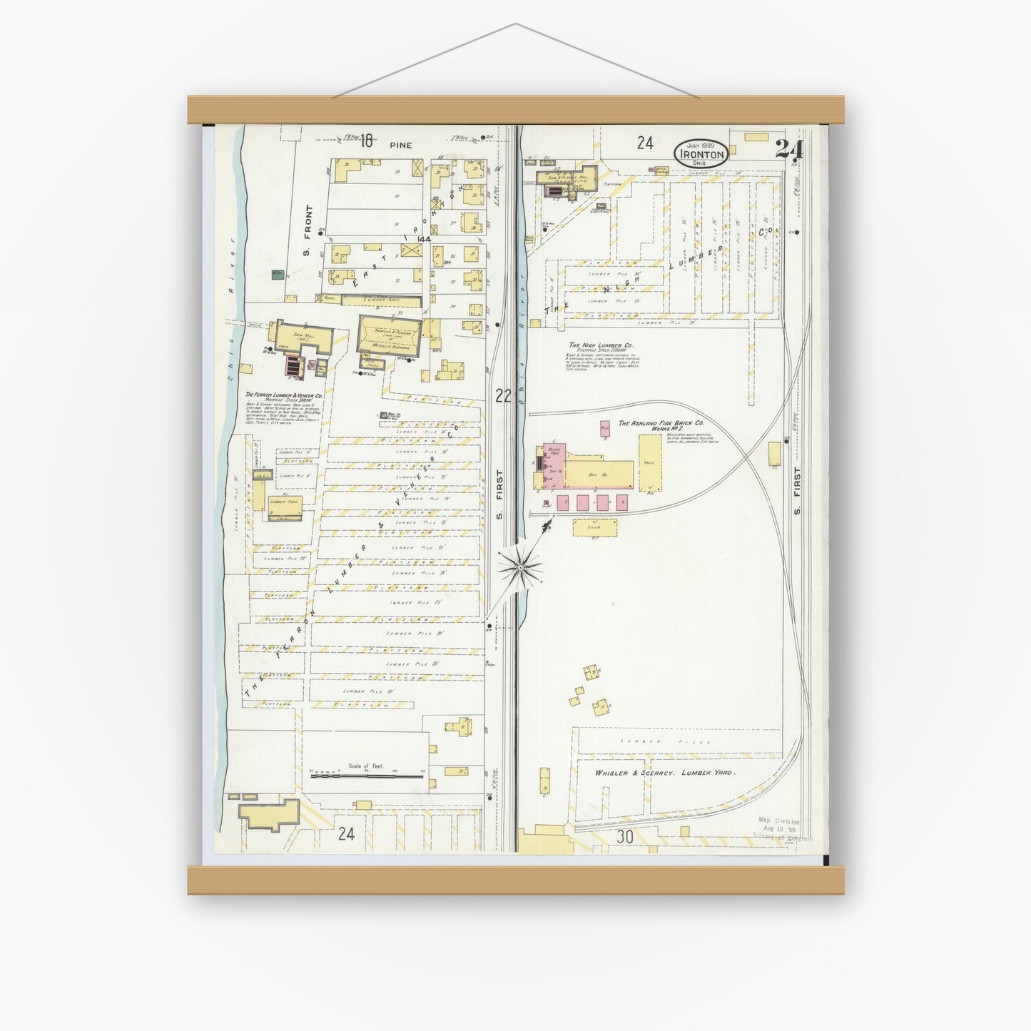 Old map wall art mockup — magnetic wood frame on white wall — Sanborn Fire Insurance Map from Ironton, Lawrence County, Ohio (1909), Sheet #0024