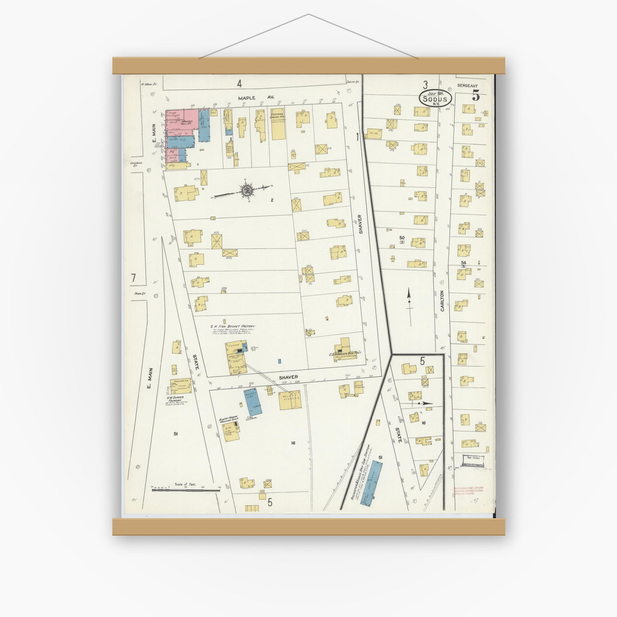 Old map wall art mockup — magnetic wood frame on white wall — Sanborn Fire Insurance Map from Sodus, Wayne County, New York (1911), Sheet #0005