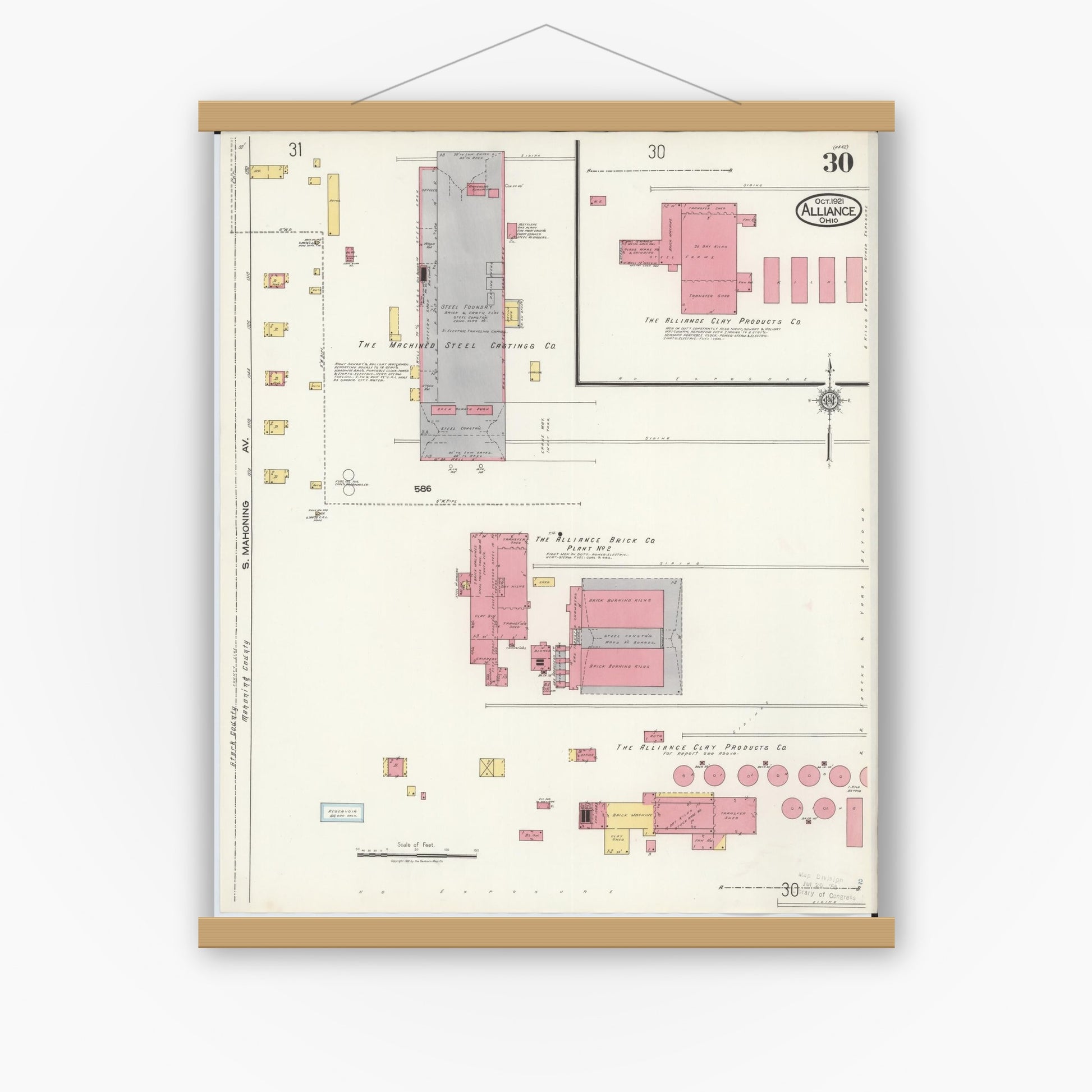 Old map wall art mockup — magnetic wood frame on white wall — Sanborn Fire Insurance Map from Alliance, Stark County, Ohio (1921), Sheet #0030