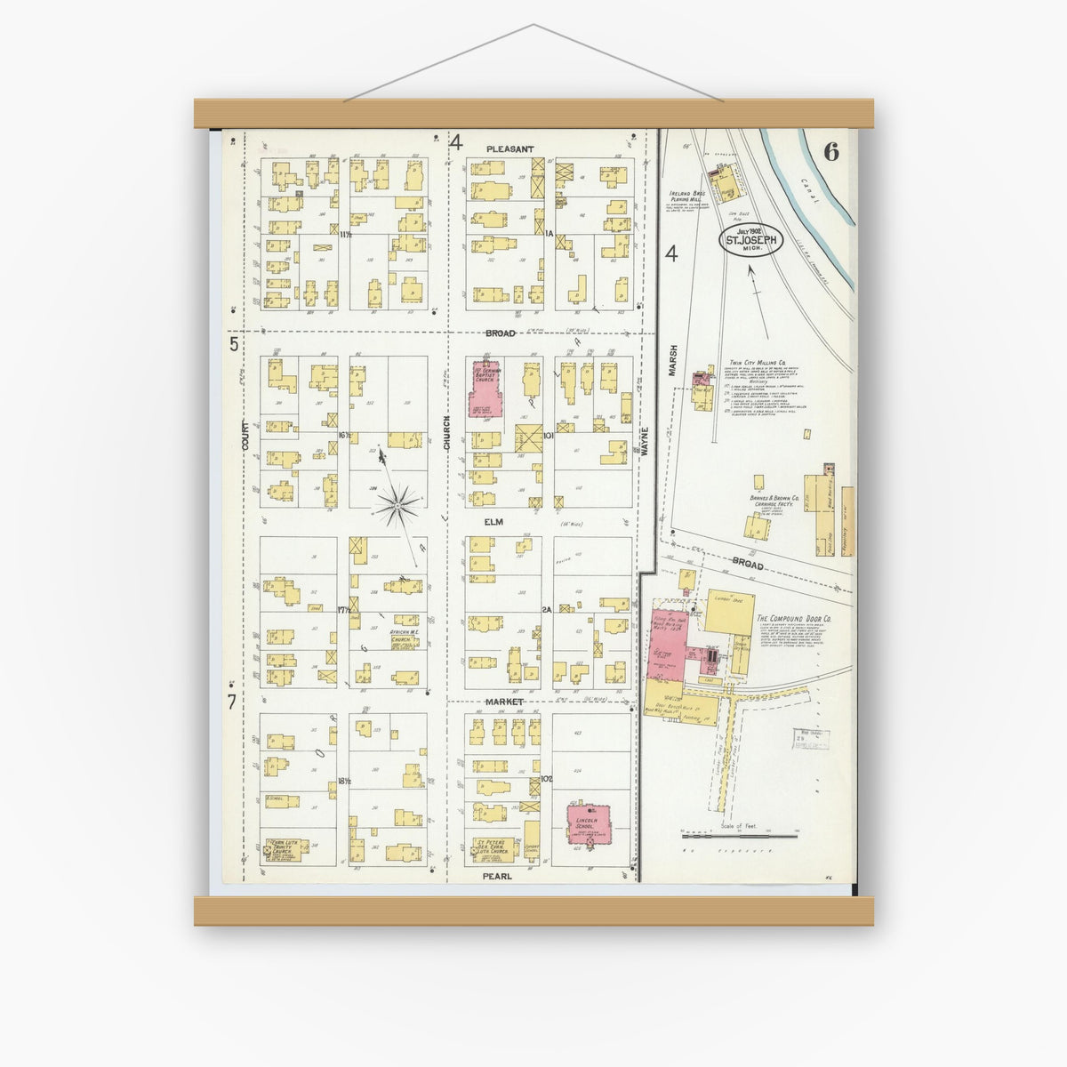 Old map wall art mockup — magnetic wood frame on white wall — Sanborn Fire Insurance Map from Saint Joseph, Berrien County, Michigan (1902), Sheet #0006