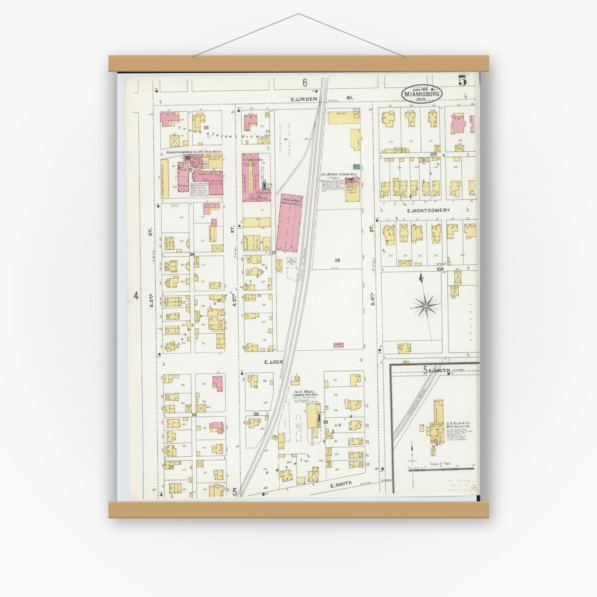 Old map wall art mockup — magnetic wood frame on white wall — Sanborn Fire Insurance Map from Miamisburg, Montgomery County, Ohio (1905), Sheet #0005