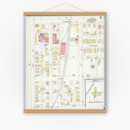 Old map wall art mockup — magnetic wood frame on white wall — Sanborn Fire Insurance Map from Miamisburg, Montgomery County, Ohio (1905), Sheet #0005