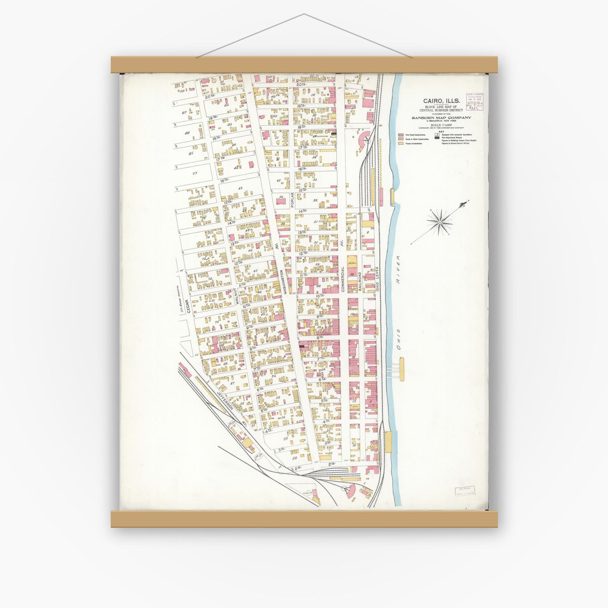 Old map wall art mockup — magnetic wood frame on white wall — Sanborn Fire Insurance Map from Cairo, Alexander County, Illinois (1906), Sheet #0001