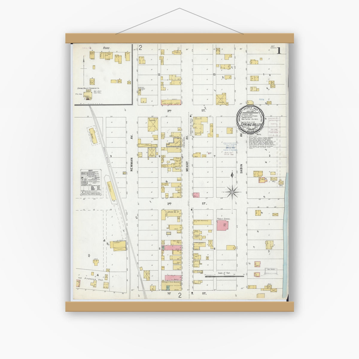 Old map wall art mockup — magnetic wood frame on white wall — Sanborn Fire Insurance Map from Spring Valley, Pierce County, Wisconsin (1900) - Complete Map Set