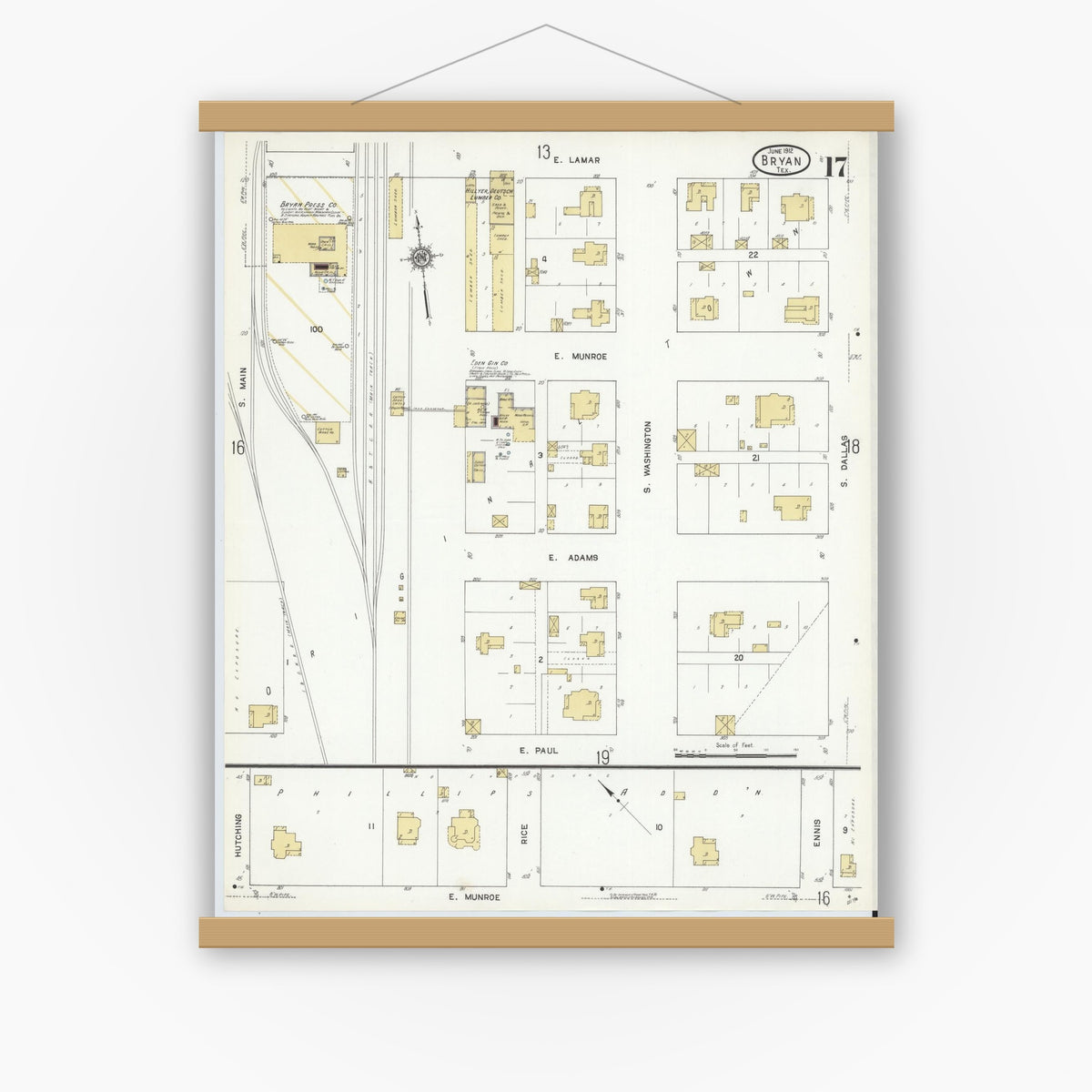 Old map wall art mockup — magnetic wood frame on white wall — Sanborn Fire Insurance Map from Bryan, Brazos County, Texas (1912), Sheet #0017
