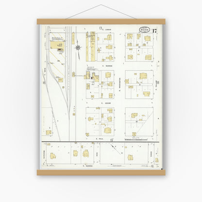 Old map wall art mockup — magnetic wood frame on white wall — Sanborn Fire Insurance Map from Bryan, Brazos County, Texas (1912), Sheet #0017