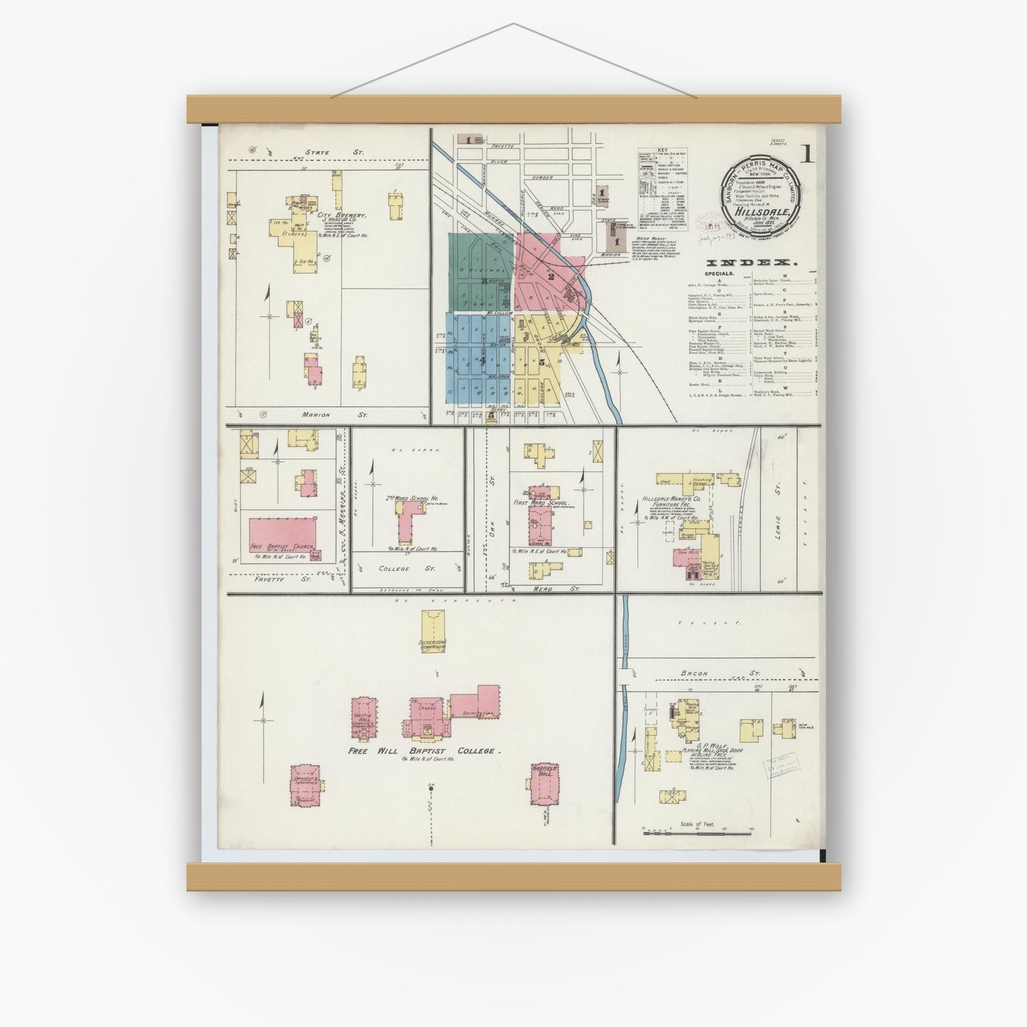 Old map wall art mockup — magnetic wood frame on white wall — Sanborn Fire Insurance Map from Hillsdale, Hillsdale County, Michigan (1893) - Complete Map Set