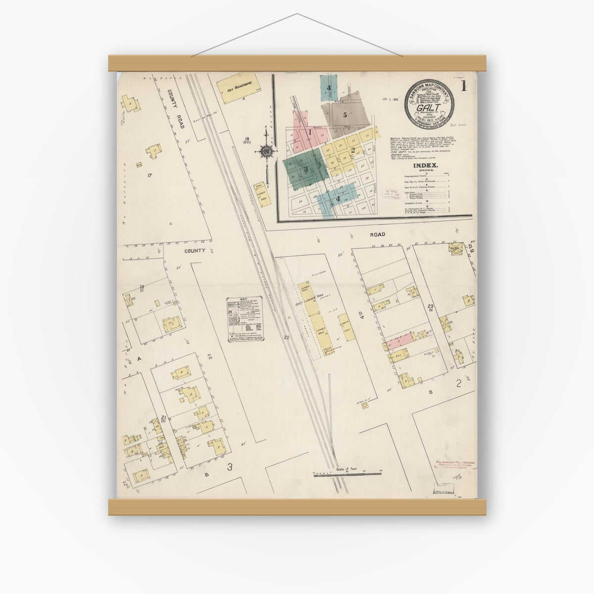 Old map wall art mockup — magnetic wood frame on white wall — Sanborn Fire Insurance Map from Galt, Sacramento County, California (1911), Sheet #0001
