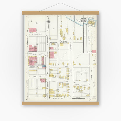 Old map wall art mockup — magnetic wood frame on white wall — Sanborn Fire Insurance Map from Sanford, Seminole County, Florida (1917), Sheet #0004