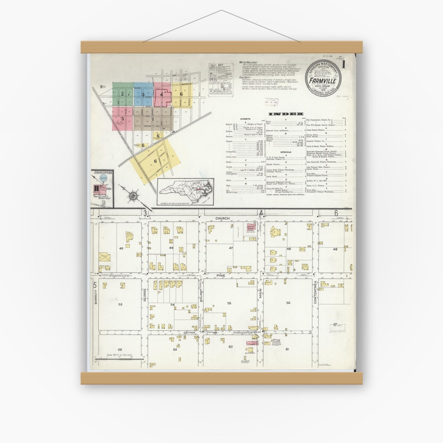 Old map wall art mockup — magnetic wood frame on white wall — Sanborn Fire Insurance Map from Farmville, Pitt County, North Carolina (1915), Sheet #0001