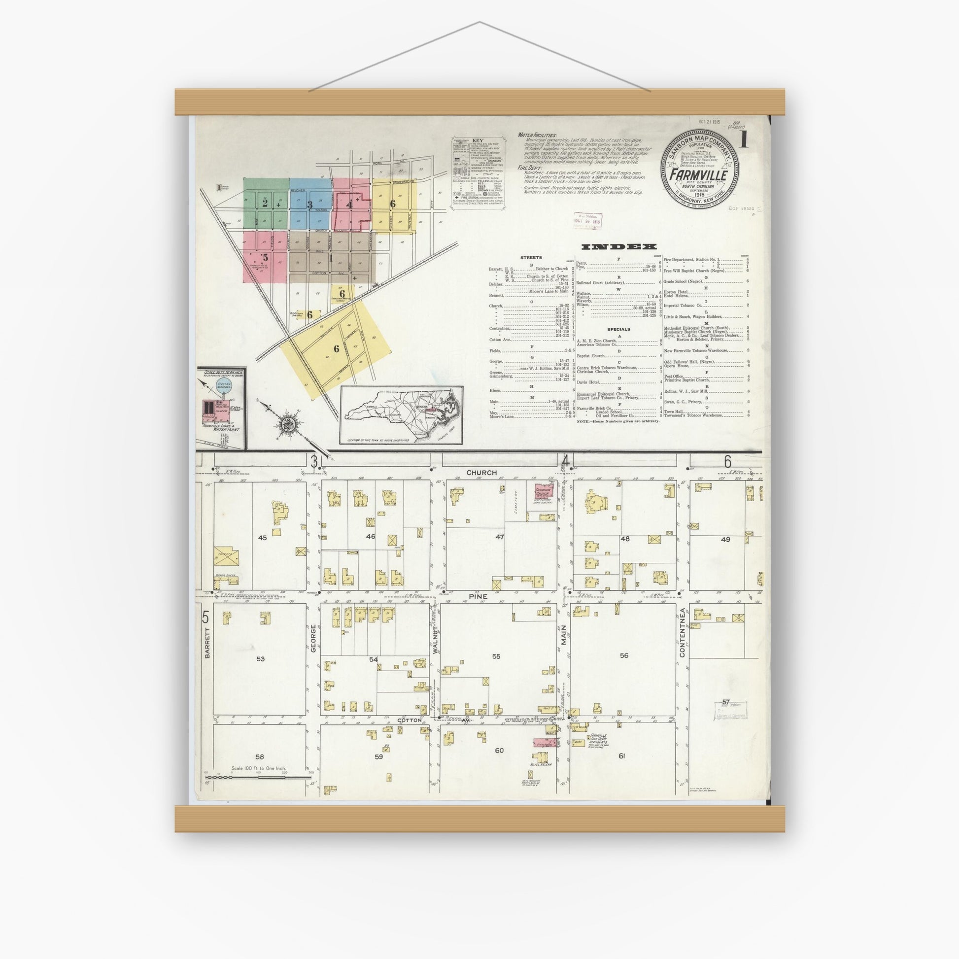 Old map wall art mockup — magnetic wood frame on white wall — Sanborn Fire Insurance Map from Farmville, Pitt County, North Carolina (1915), Sheet #0001